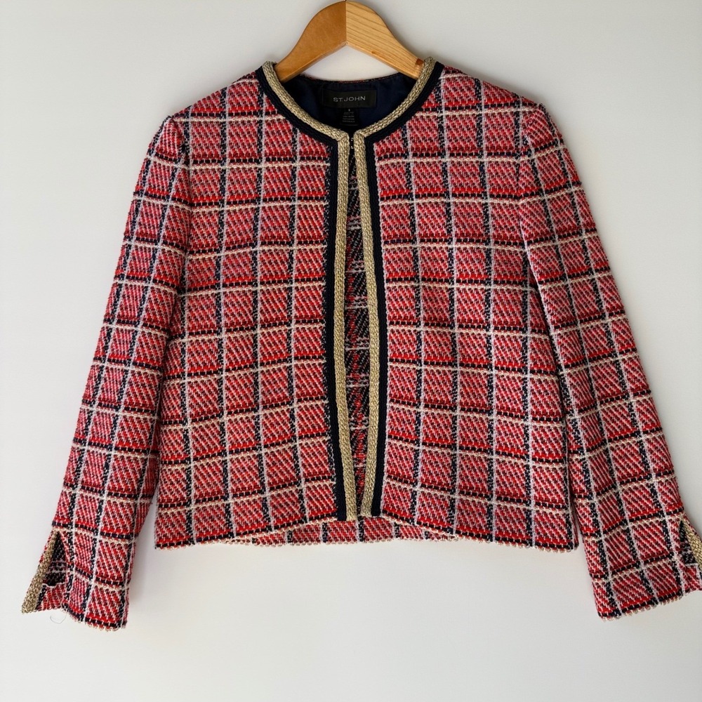 St John Collection Red Plaid Knit Jacket Size S Gold‎ Trim